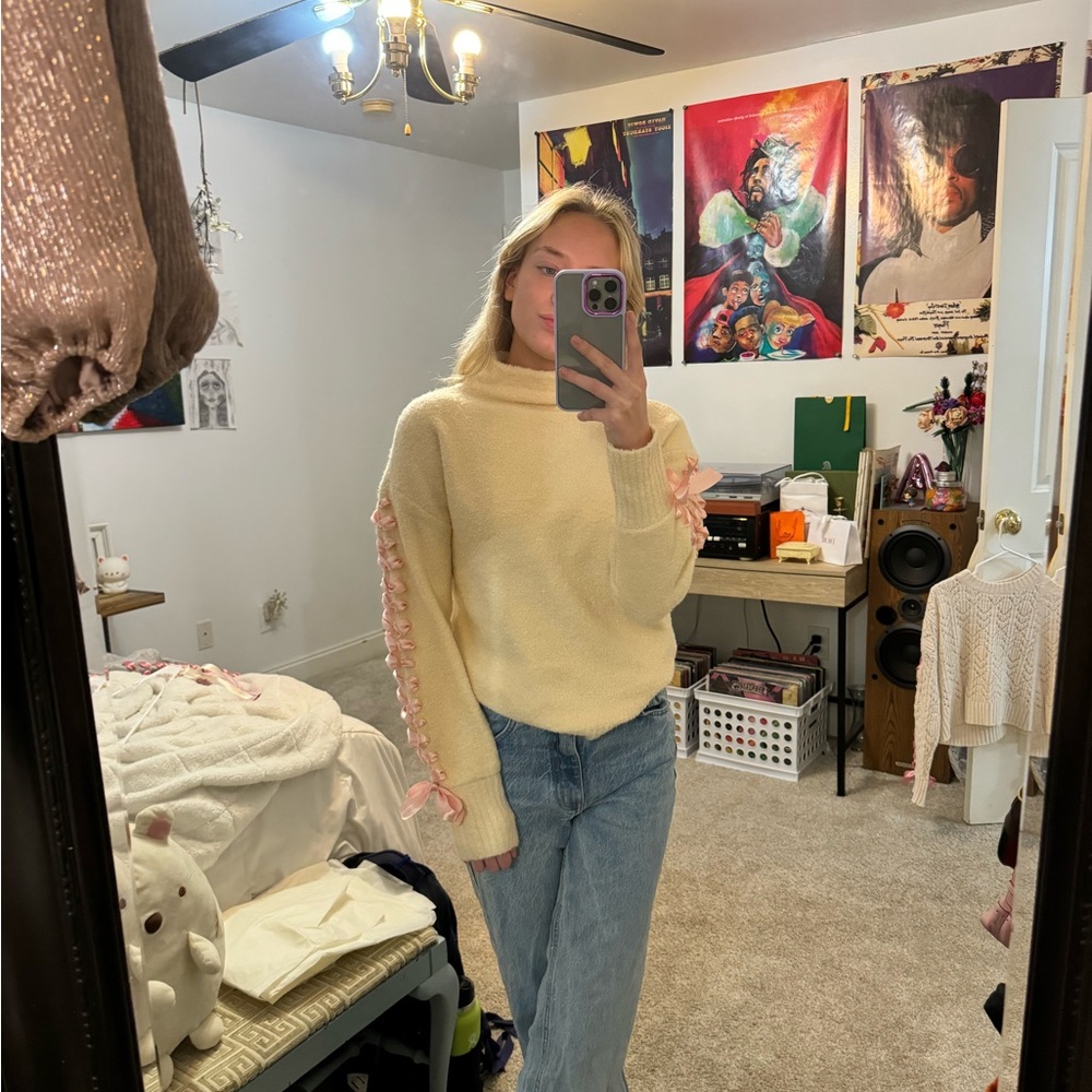 BRAND NEW handmade cream sweater with pink ribbon 🎀